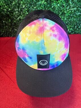 Neff Rainbow Tie Dye Trucker Hat Black Brim Happy Face Patch Mesh Snapback Cap